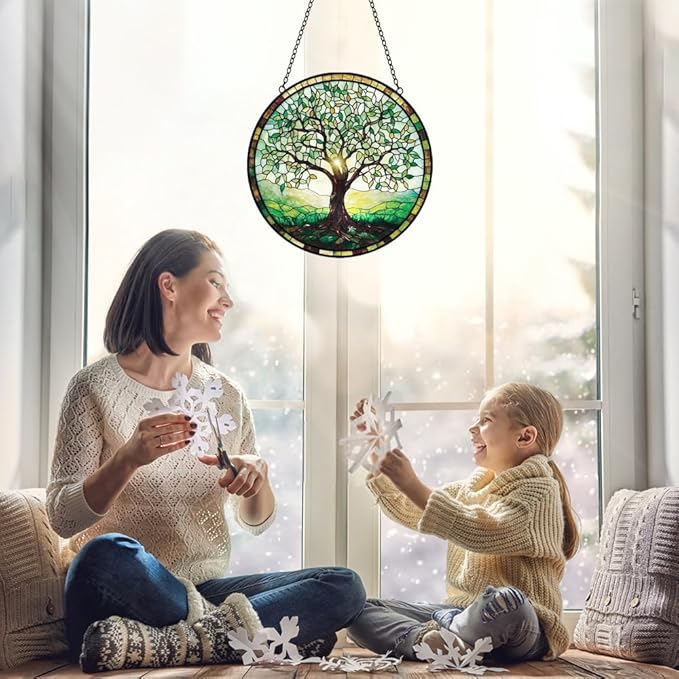 Mom Grandma Gift, Tree of Life Suncatcher, Stained Glass Window Hanging, Sun Catchers Indoor Window, Handmade Suncatchers for Windows Hanging, Spring Home Garden Decor Glass Panel