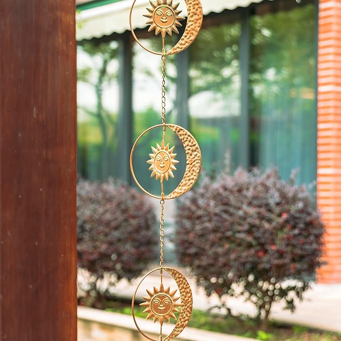 Glitzhome 8.5ft Rain Chain for Gutters 8-Piece Faux Copper Patina Finish Sun and Moon Catcher Replacement for Downpout