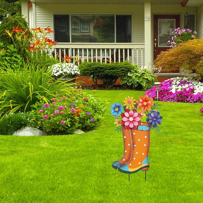YEAHOME Garden Decor for Outside, 26” Decorative Garden Stakes Metal Boot with Flowers for Spring Decor, Yard Art Stakes for Outdoor Lawn Backyard Porch Pathway Garden Decorations
