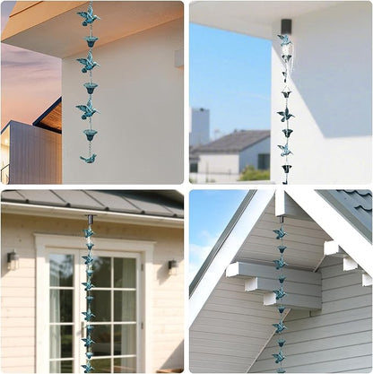Rain Chain for Gutters,8.5FT Rain Catcher Chain for Outside with 7 Metal Cups & Hummingbird Decor,Adjustable Hanging Rain Hutter Chain Downspout Substitute for Garden Drainage & Eaves (Blue)