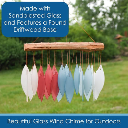 Blue Handworks New England Harbor Glass Chime, Sandblasted Glass and Found Wood Handcrafted Wind Chime