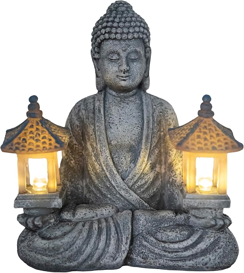 Buddha Outdoor Solar Figurine Decor Light, Meditation Small Elegant Garden Statues, Gifts for Mom, Halloween Décor Waterproof Patio Balcony Yard Lawn Ornament 8.66”