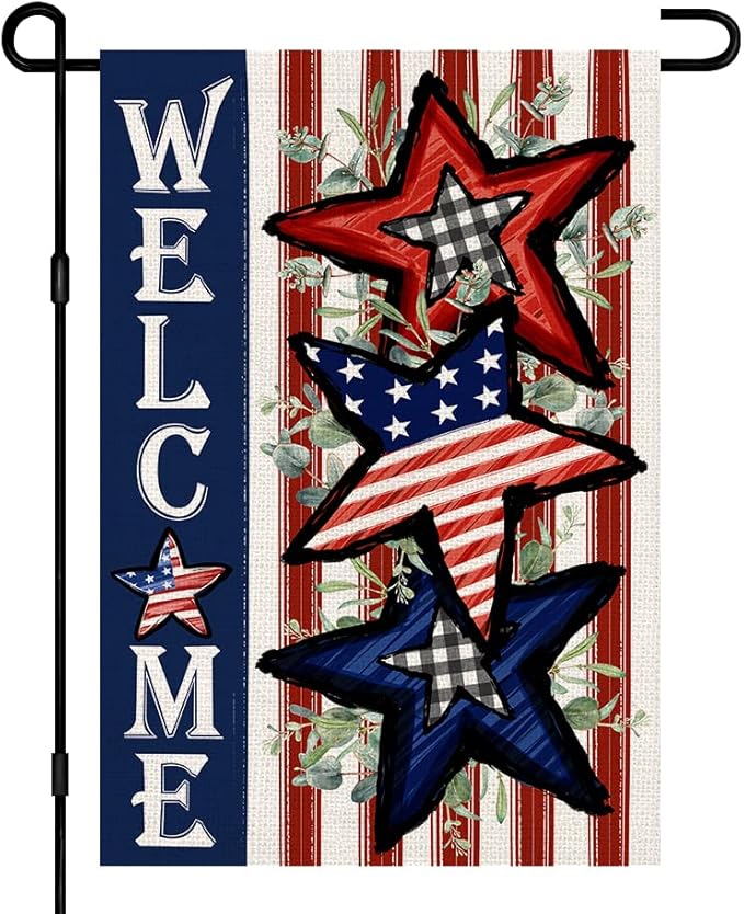 Independence Day 4th of July Garden Flag Burlap 12x18 Inch Double Sided, Patriotic American Stars and Stripes Yard Outdoor Decor DF304
