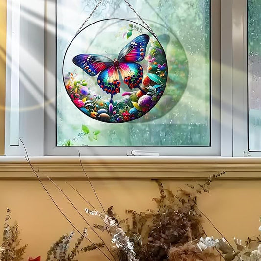 RIVEENY Butterfly Stained Glass Window Hangings, 8" Monarch Butterfly Hanging Stained Glass for Windows, Sun Catcher Garden Hangings Christmas Mother's Day, Valentine's Day Ornaments Festival Gift