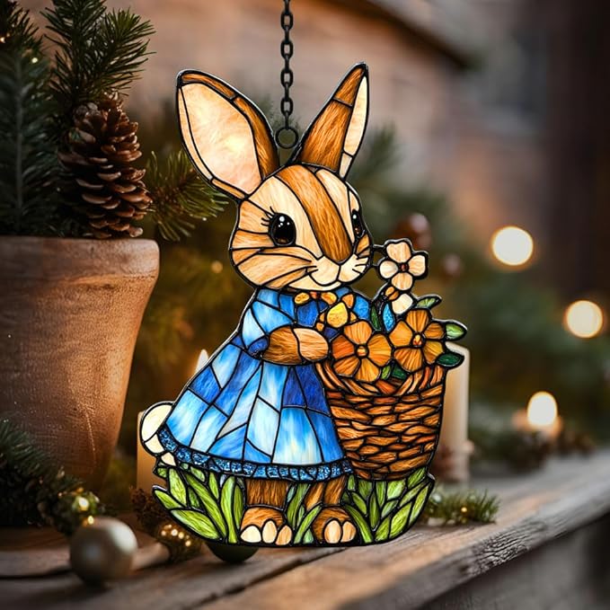 Whimsical Bunny Mosaic Warm Floral Acrylic Suncatcher Stained Glass Effect Window Car Hanging Christmas Ornament Indoor Outdoor Decor Garden Sun Catcher Panel for Easter Lover for Women Mom Grandma
