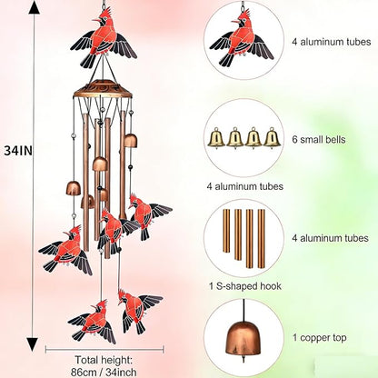 Cardinal Wind Chimes for Outside, Metal Bird Wind Chime with Aluminum Tubes, Garden & Porch Outdoor Decor, Red Cardinal Yard Decoration Gift