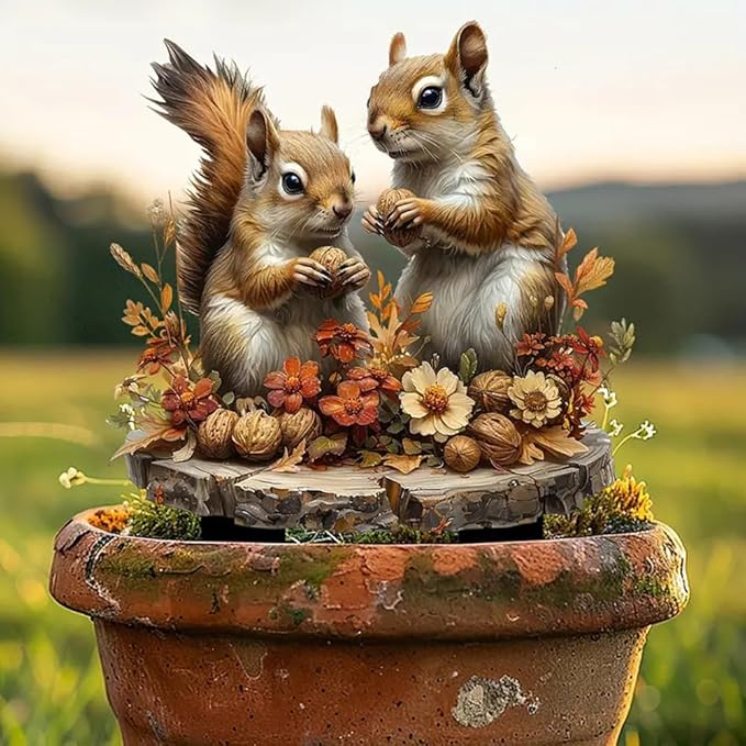 Garden Stake Decor, Acrylic 2D Flat Cute Animal Statue, Fairy Sculptures Ornament Indoor Outdoor Yard Lawn Pot Plant Decorative Accessories (Two Squirrels)