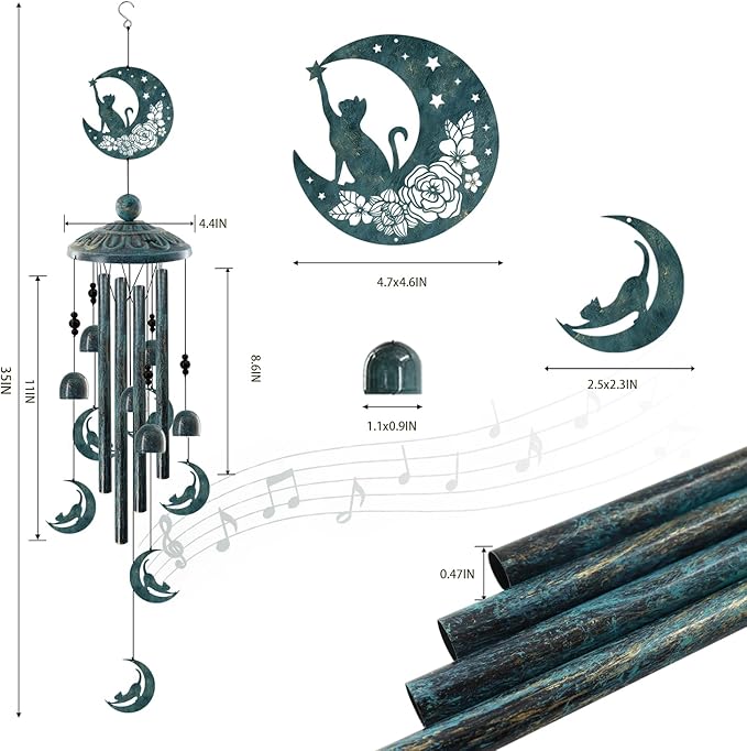 Cat on the Moon Wind Chimes for Outside - 35" Large Metal Windchime with 6 Cat Charms & 4 Tuned Aluminum Tubes - Memorial Pet Sympathy Gift, Verdigris Bronze Garden Decor for Yard, Porch, Patio