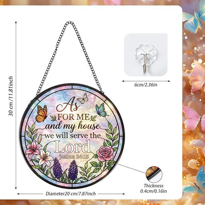 Rngmsi Christian Stained Glass Window Hanging, 7.8″ As for Me and My House We Will Serve The Lord Scripture Suncatchers, Bible Verse Religious Gifts for Women Men Housewarming Easter