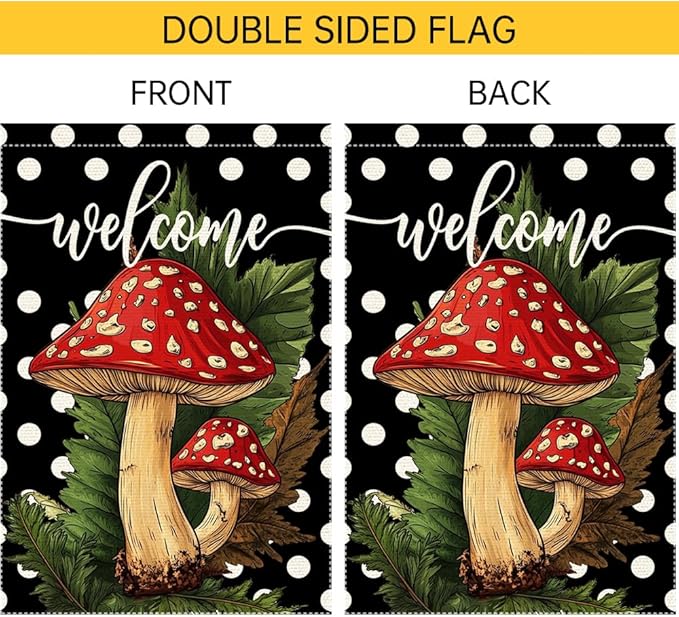 Welcome Spring Summer Garden Flag Polka Dots mushrooms Garen Flags 12x18 inch Double Sided Vertical Burlap Outdoor Lawn Patio Rustic Farmhouse Decor