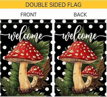 Welcome Spring Summer Garden Flag Polka Dots mushrooms Garen Flags 12x18 inch Double Sided Vertical Burlap Outdoor Lawn Patio Rustic Farmhouse Decor