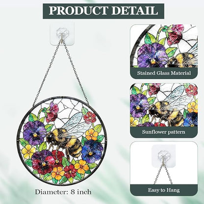 Bee Stained Glass Window Hanging - Round Floral & Bee Suncatcher with Chain, Colorful Glass Ornament for Home Garden Window Decor Gift, 8 Inch