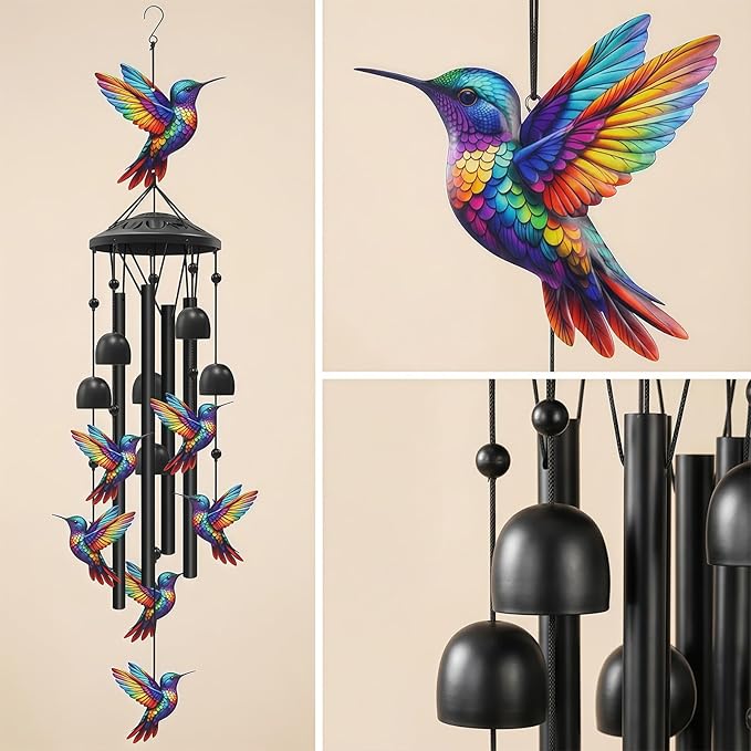 Outdoor Hummingbird Wind Chimes: Colorful Metal Commemorative Gifts of 7 Handmade Hummingbirds, Soothing Melodies in Gardens, Courtyards, and Terraces