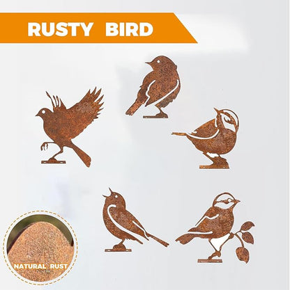 5PCS Rusty Metal Birds Decorations, Garden Yard Art Outdoor Ornaments, Bird Silhouette Statues for Fence Trees, Rustic Cardinal Gifts Spring Decorations (Style A)