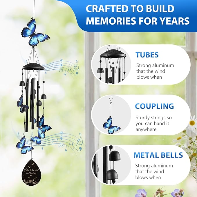 Butterfly Wind Chimes for Outside, Windchimes Outdoors Metal Wind Chimes Butterfly Garden for Patio Porch Backyard