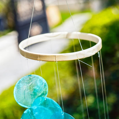 YUFENG Wind Chimes Outdoor Decor, 17'' Ocean Blue Capiz Shell Metal Windchime for Outside Garden Yard Home, Soothing Sound Decorative Wind Bell Memorial Ornament for Christmas Tree Gift