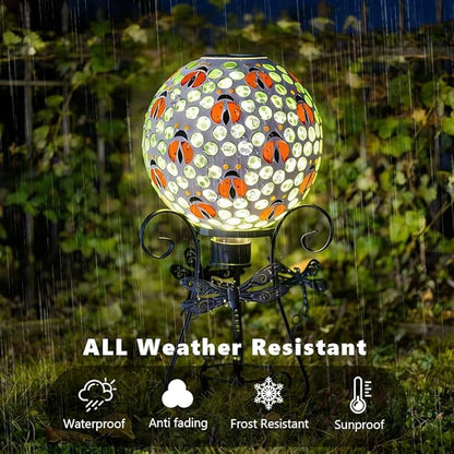 Stargarden Solar Gazing Ball, 10”Glass Gazing Globe, Mosaic Gazing Balls with Metal Ball Stand for Patio, Lawn, Garden Decor(Ladybug)