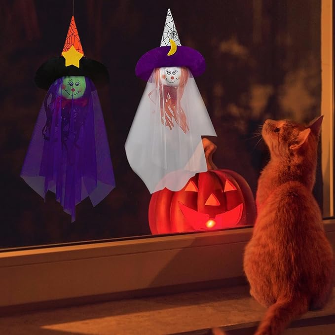 Halloween Hanging Ghost Decorations Outdoor, Pumpkin Witch Halloween Tree Ornaments, Cute Flying Ghost Straw Windsock Pendant Home Indoor Decor Yard Patio Lawn Garden Outside Kids Party Supplies 3PCS
