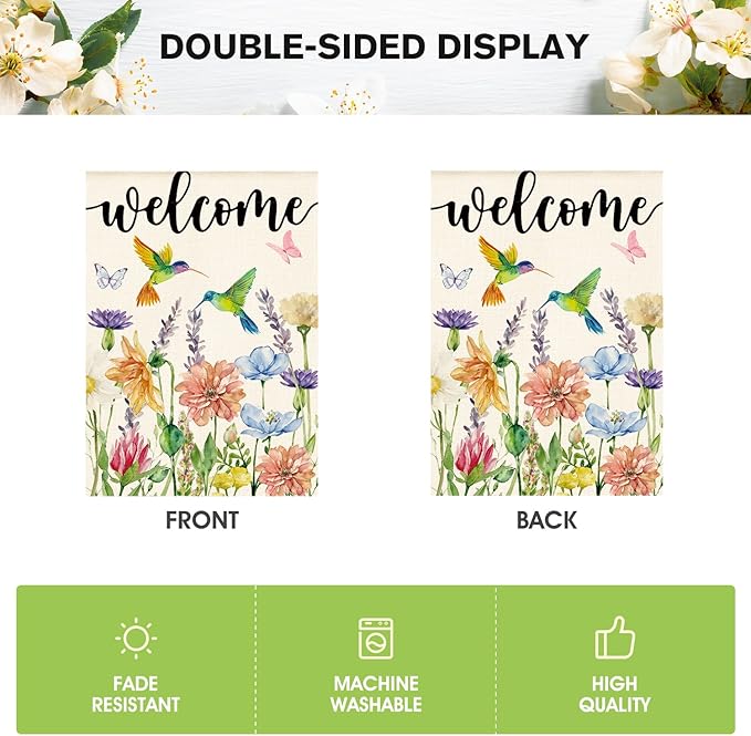 AVOIN colorlife Hummingbird Spring Flowers House Flag 28 x 40 Inch Double Sided, Seasonal Welcome Yard Outdoor Flag