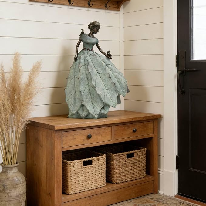 DiliComing Fairy Garden Statue Home Decoration - Outdoor Statue Table Decor for Living Room Garden Maiden Bookshelf Decor Xmas Resin Holly Leaves Maiden Green