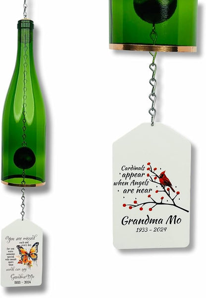 Blue Ridge Mountain Gifts Memorial Wine Bottle Wind Chime with Personalized Flag, Customize with Text & Photo Unique Sympathy Gift