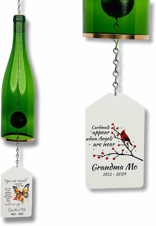 Blue Ridge Mountain Gifts Memorial Wine Bottle Wind Chime with Personalized Flag, Customize with Text & Photo Unique Sympathy Gift