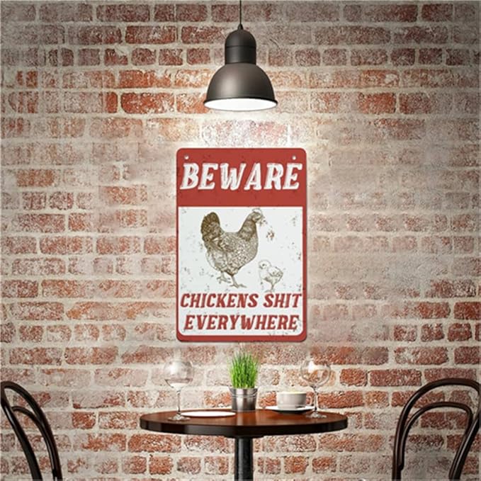 QHOVPA Farm Yard Sign Lawn Sign Metal Sign, Beware Chickens Shit Everywhere Sign for Home Farmhouse or Business Use 8x12 inches Signage