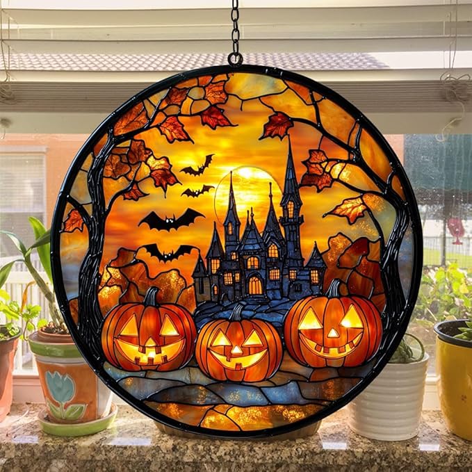 Gothic Halloween Castle Acrylic Suncatcher Stained Glass Effect Window Car Hanging Christmas Ornament Indoor Outdoor Decor Garden Sun Catcher Panel for Halloween Lover for Women Mom Grandma