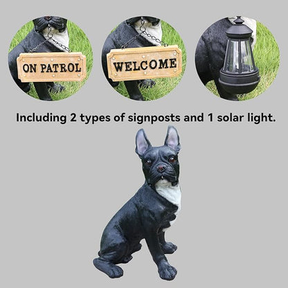 Frenchie Chic Entry Accent with Solar Lantern & Double-Sided Sign, Sitting Black French Bulldog Statue for Porch Seating, Hallway & Patio
