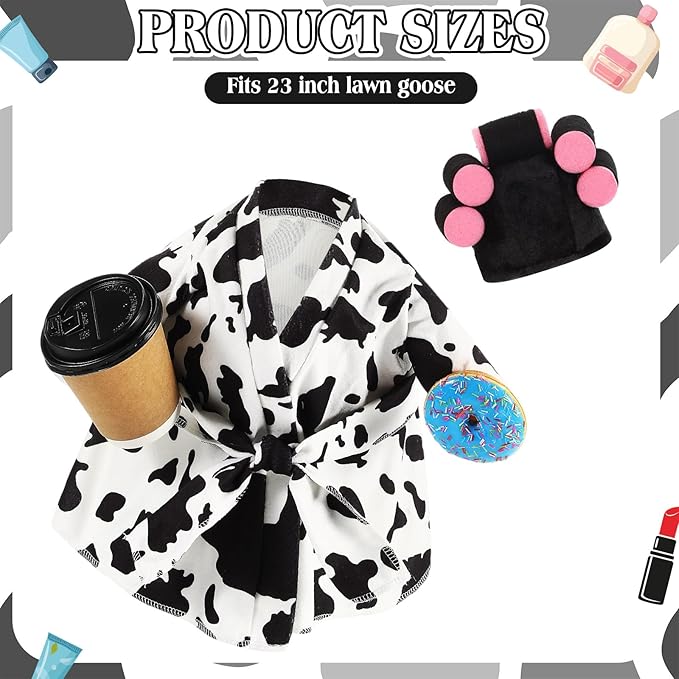 Shyyween Lady Porch Goose Outfit for 23'' Cement Plastic Lawn Goose Statue Clothes Cow Pattern Bathrobe Coffee Cup Curlers for Outdoor Garden Yard Patio Decoration
