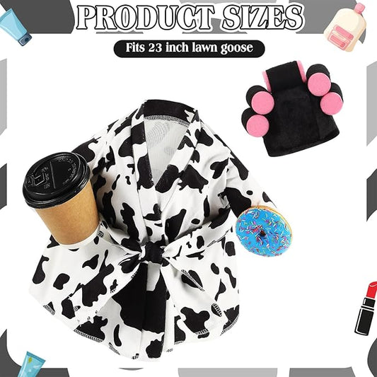 Shyyween Lady Porch Goose Outfit for 23'' Cement Plastic Lawn Goose Statue Clothes Cow Pattern Bathrobe Coffee Cup Curlers for Outdoor Garden Yard Patio Decoration
