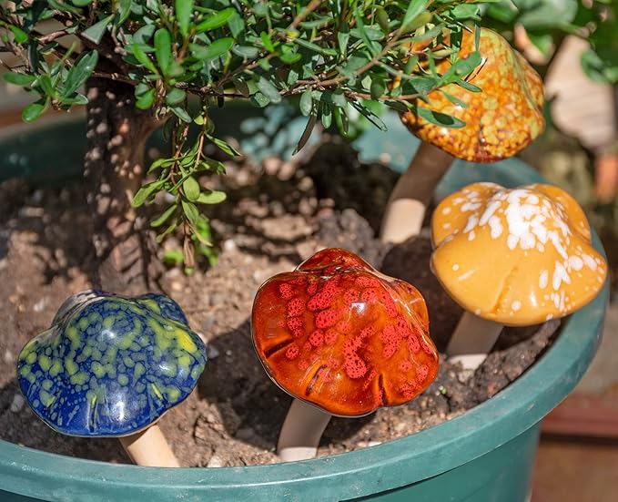 Ceramic Mushroom Garden Decor Pottery Ornament Figurine for Yard, Fairy Garden Decorations, Lawn Ornament Decor, Patio, Flowerpots Outdoor Statues 4.52" in Height 4pcs (Random Color)