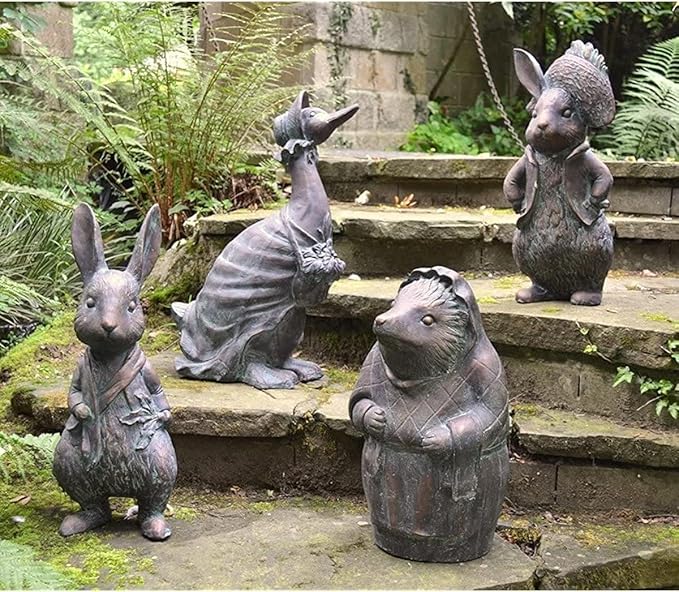 Beatrix Potter Ornament Set, Peter Rabbit, Jemima Puddle-Duck, Mrs Tiggy-Winkle, Benjamin Bunny, Hand Cast Stone Garden Statue Ornament, Outdoor Easter Decorations - Complete Set