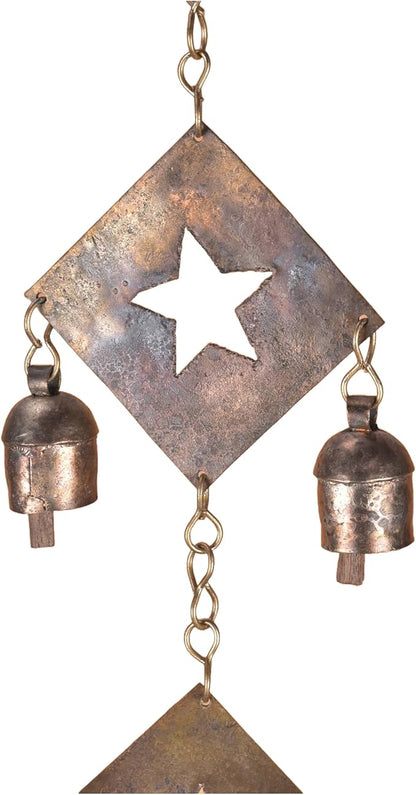 Rustic Metal Wind Chime – Triple Diamond Star Cutouts with Bells – Bronze Outdoor Garden Decor – Wind Chimes for Outside, Porch, Yard, Balcony, Memorial or Garden Gift 19 x 4.5 Inch