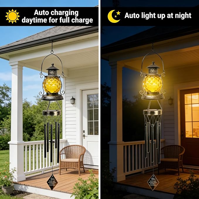 Solar Oil Lamp Wind Chimes for Outside, Hanging Memorial Wind Chimes for Mom Women Grandma, Flower Solar Lantern Windchimes Outdoors for Garden Decor