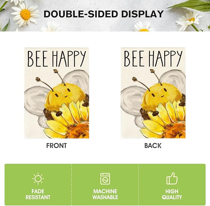AVOIN colorlife Summer Bee Happy Garden Flag 12x18 Inch Double Sided Outside, Sunflower Party Holiday Burlap Yard Outdoor Decoration