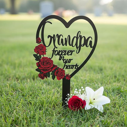 AIM & GGKK Memorial Stake for Grandpa - Metal Heart Grave Marker with Red Roses, Memorial Plaque Cemetery Decor for Grave, Garden, Gravesite