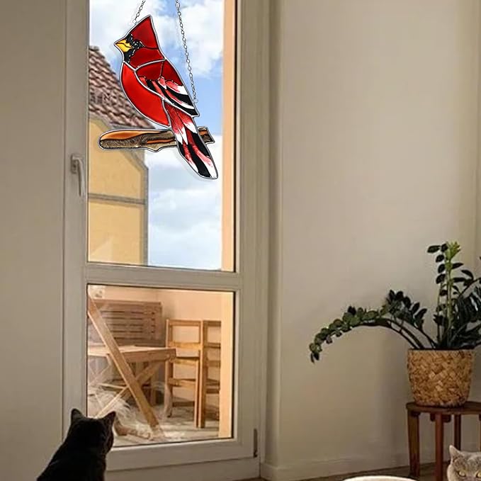 Red Cardinal Decor Stained Glass Bird Window Hanging Suncatcher for Window Decorations Ornament Farmhouse Cardinal Memorial Gifts on Branch for Bird Lovers Mom, Grandma