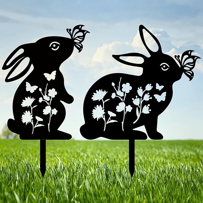 CREATCABIN 2Pcs Rabbit Metal Decor for Outside Black Rabbit Stake Rabbit Garden Decor Art Bunny Silhouette Statues Garden Decorative Ground Insert Lawn Ornaments for Outside Outdoor 9/12.4x11.8Inch