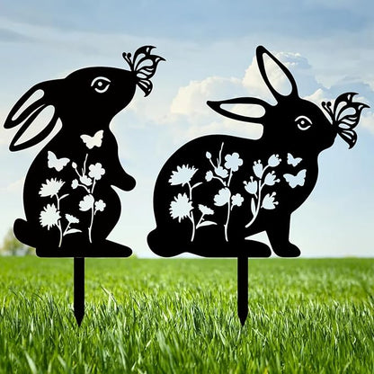 CREATCABIN 2Pcs Rabbit Metal Decor for Outside Black Rabbit Stake Rabbit Garden Decor Art Bunny Silhouette Statues Garden Decorative Ground Insert Lawn Ornaments for Outside Outdoor 9/12.4x11.8Inch