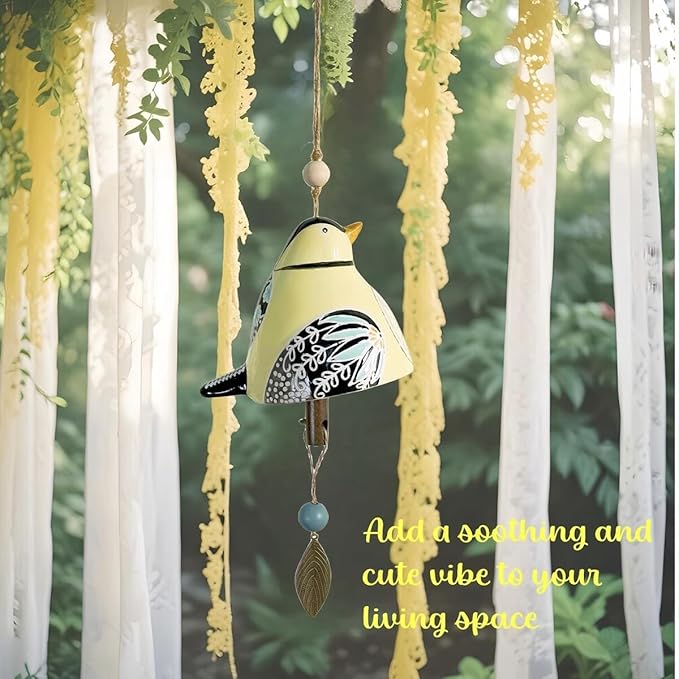 Cute Ceramic Wind Chimes for Outside and Indoor, Memorial Windchime with Soothing Melodic Tones, Gifts for Mom, Garden Patio Balcony Home Decor Hanging Windchimes (Single Bird-Yolk)