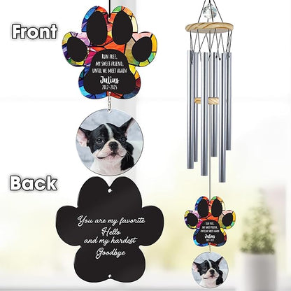 Personalized Pet Memorial Wind Chimes, Custom Photo Crystal Paw Print Suncatcher Ornament, Pet Keepsake Memorial Sympathy Gift for Loss of Dog Cat Lover, Remembrance Wind Chimes Outdoor Décor