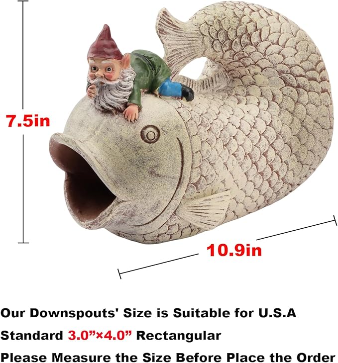 Gnome and Fish Statue Gutter Downspout Extensions, Rain Gutter Downspout Splash Block Extender Cover Garden Yard Sculpture Decorative, 3" × 4" Downspouts