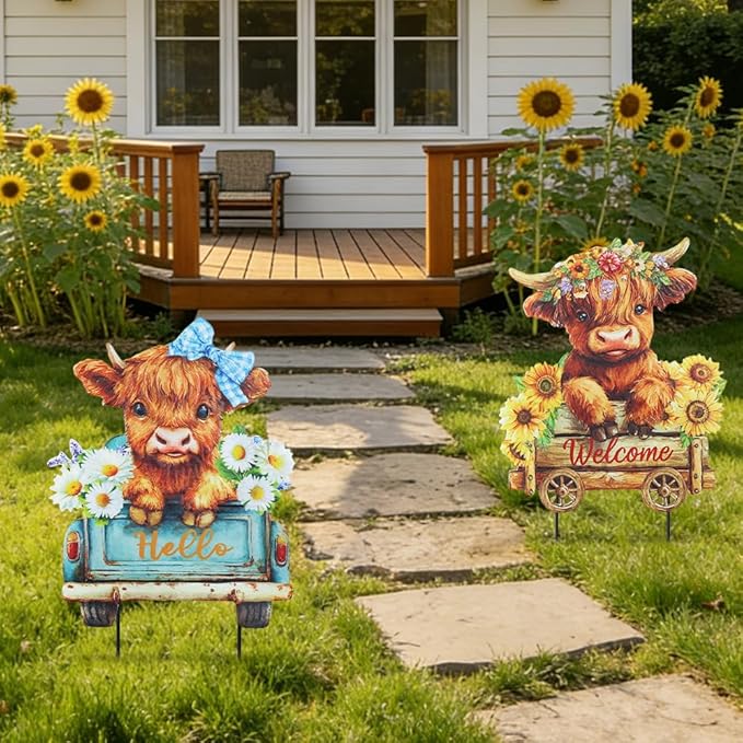 hogardeck Garden Decor for Outside, Set of 2 Metal Highland Cow Decorative Garden Stakes with Sunflower for Yard Decor, Welcome Sign Yard Art for Outdoor Lawn Porch Backyard Spring Decorations