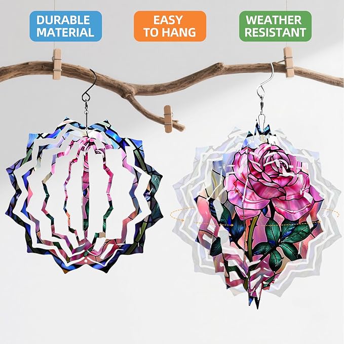 8 Inch Sublimation Wind Spinner, 3D Aluminum Metal Wind Spinner with Hook, Indoor Yard Garden Hanging Decoration, Weather Resistant Rotating Spiral Ornament, Stained Glass Rose