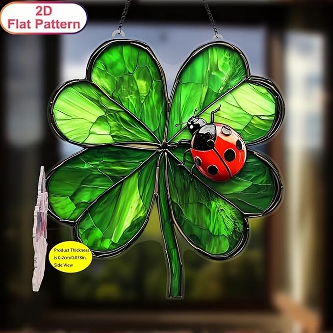 St. Patrick's Day Suncatcher Green Window Hanging with Shamrock Beetle desigsn Cute Stained Glass Suncatchers Full Cover Ireland Windows Decorations ndoor Outdoor for Home Garden Gift for Women Friend