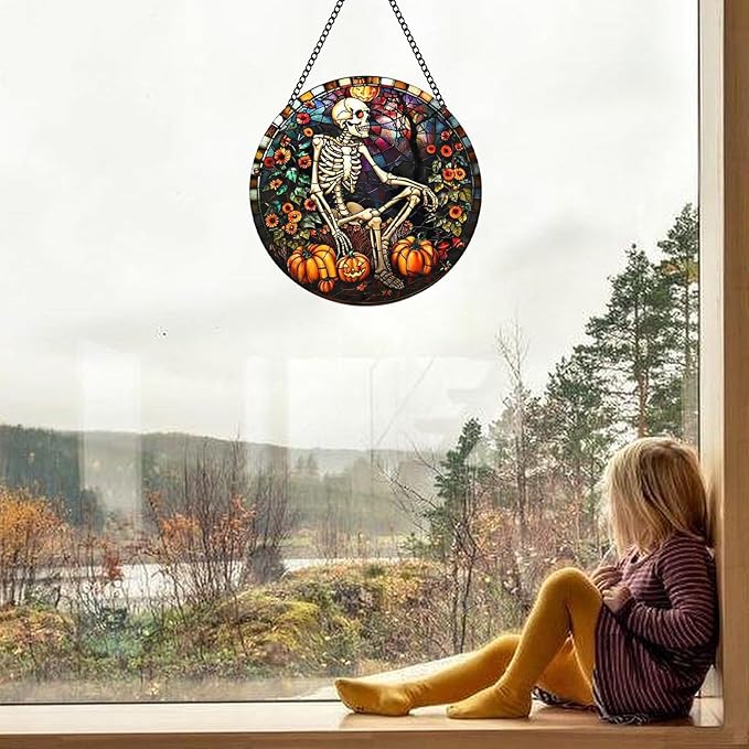 Skull Window Decor, Luminous Acrylic Suncatcher Hanging Ornaments, 7.9'' Colorful Home Decor, Halloween & Christmas Decoration Gifts