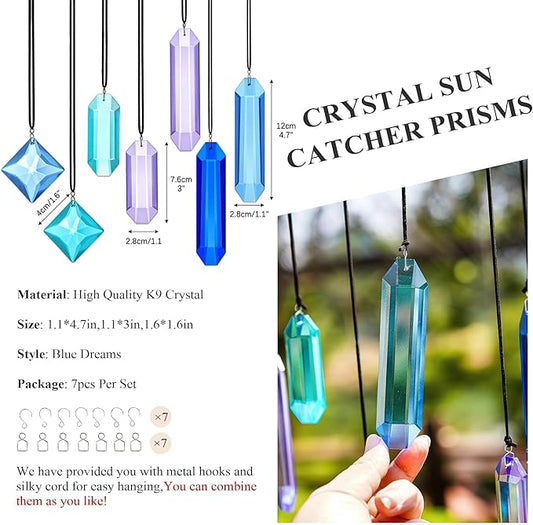HDCRYSTALGIFTS Crystal Prisms Suncatchers for Window Hanging, 7PCS Blue Dreams Suncatcher Gift for Mom Women Rainbow Maker Sun Catcher Indoor Window Home Garden Christmas Tree Decor