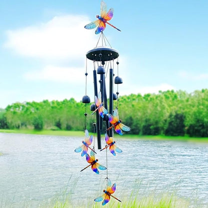 Dragonfly Wind Chimes for Outside, Black Metal Windchimes Outdoors, Dragonflies Gifts for Women/Men, Garden/Yard Decor, Memorial/Birthday Gifts for Grandma/Mom, Durable Chimes for Outdoors