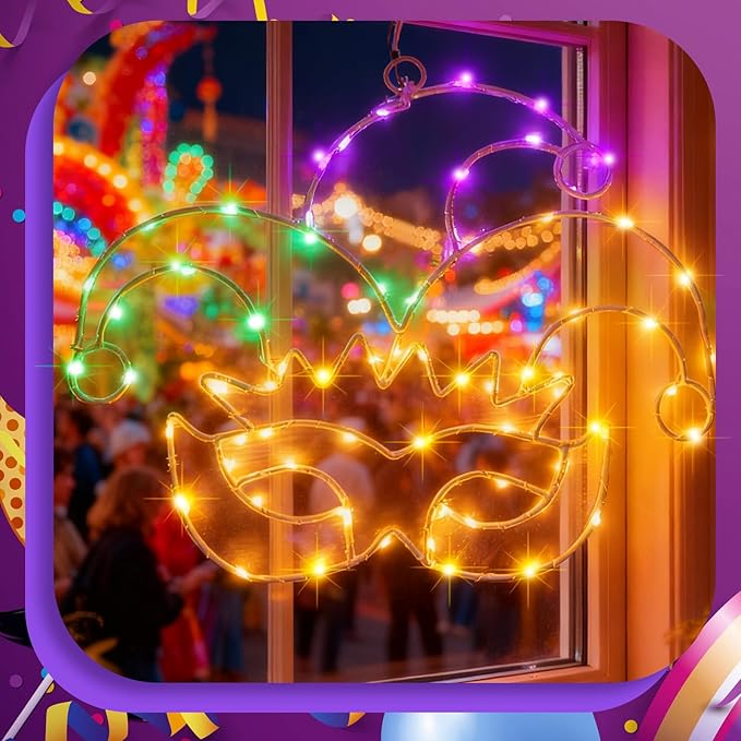 Baquler Mardi Gras Window Lights 13.5 Inch Mardi Gras Window Decorations Jester Mask Hanging Light up USB Powered with Timer and 8 Lighting Modes for Home Wall Indoor Outdoor Decor